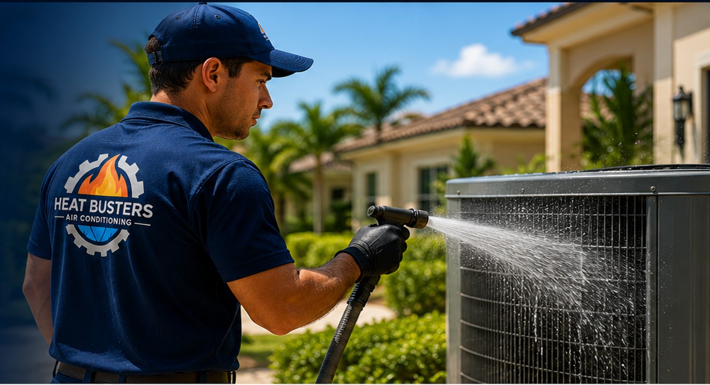 Heat Busters technician hosing down condenser coil during maintenance