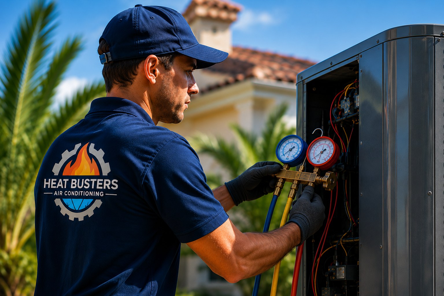 Heat Busters technician checking refrigerant pressures